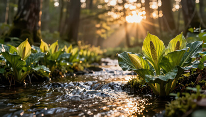 Obraz premium A tranquil stream flows through the forest, surrounded by vibrant green plants. The morning sun filters through the trees, illuminating the foliage and water.