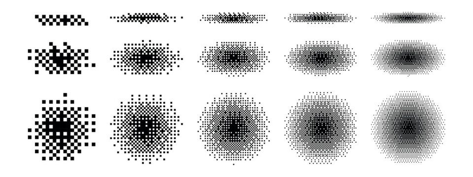 Halftone pixel dither effect set, circle dot dispersion, blur fade transitions, abstract monochrome overlays. Print, screen, poster, web, glitch, texture, shading resource. Vector illustration.