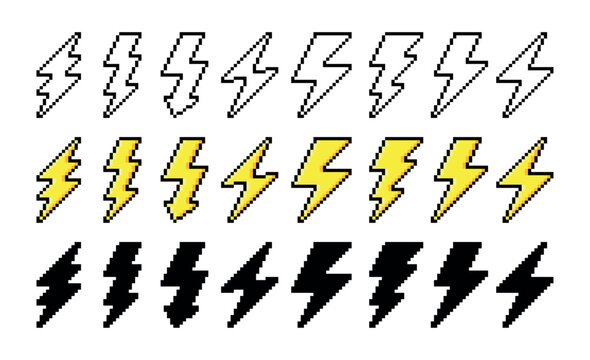 Pixel lightning. Bolt and zap spark with flash for strike shock or volt surge. Jag zigzag with sharp glow in gold for game sprite art. Flat vector set with bold tech style and toon.