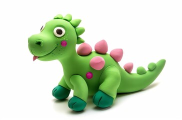 Fototapeta premium Cute green stegosaurus clay character pink spots plasticine style isolated white background children illustration