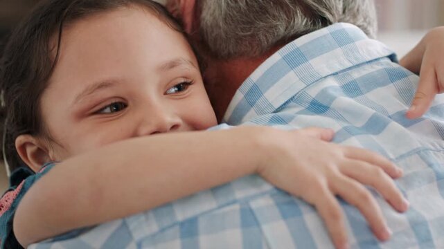 Grandfather, child and hug for trust in home, love and connection together with family reunion. Kid, happy girl and embrace grandparent for safety, security and support with generations for care