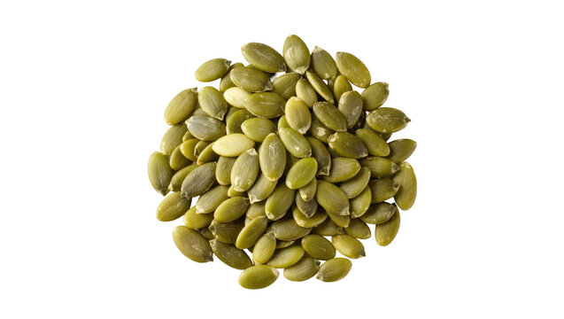 Pile of healthy natural green pumpkin seeds, raw superfood snack ingredient closeup