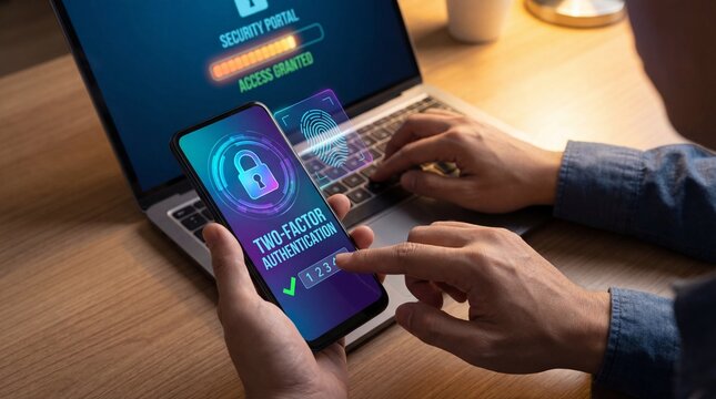 Cybersecurity concept with 2FA secure login, fingerprint scan, and access granted on laptop screen.