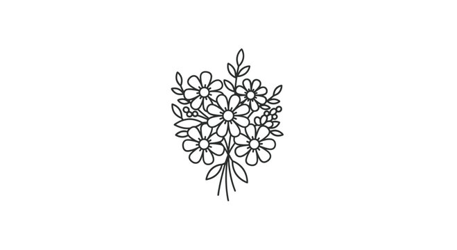Simple line art bouquet of daisies and leaves, tied with stems