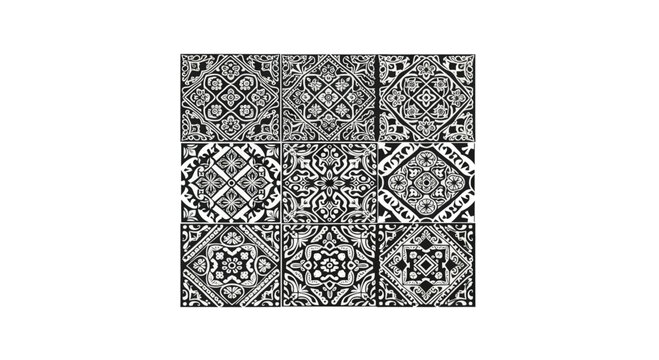 Black and white patterned tiles arranged in a 3x3 grid