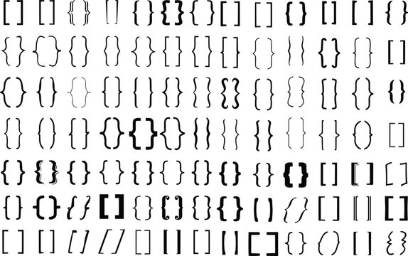 Set of braces or curly brackets icon. Small and square bracket or braket collection. Text brackets collection for messages, quotas. Oval, retro parentheses and punctuation shapes.
