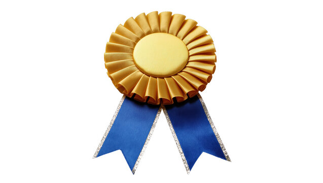 Shiny golden rosette and blue ribbons for achievement, success, and recognition