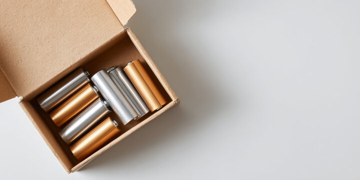 Box of assorted metallic batteries