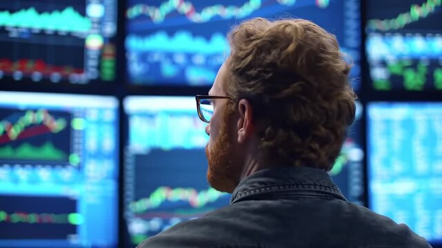 Person analyzing financial data on screens