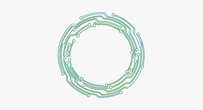 Circular circuit board pattern with green and blue lines and nodes on white