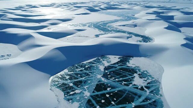 Aerial view of a frozen river meandering through a snow-covered landscape with rolling dunes under the bright sunlight