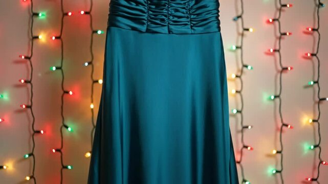 Elegant teal evening gown hanging on a white hanger with shimmering Christmas lights in the background.