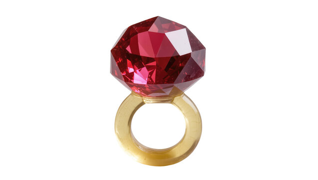 Big sparkling red faceted jewel on a golden band, a sweet treat or playful toy ring