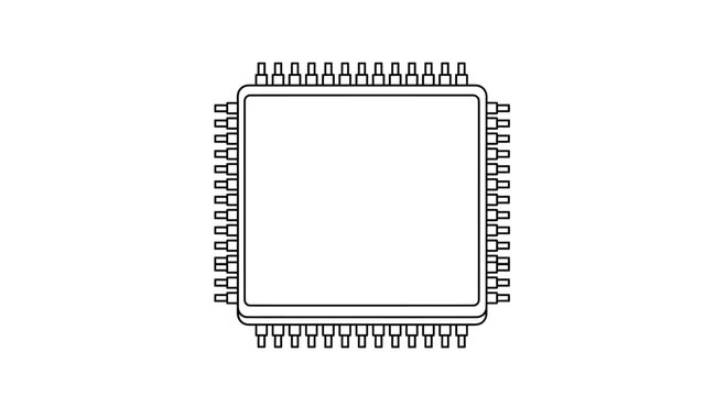 Flat, square electronic component with many rectangular pins