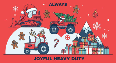 Festive Christmas Heavy Machinery Illustration with Tractor, Bulldozer, and Monster Truck © Nadia