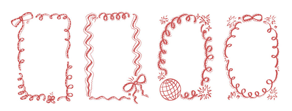 Bachelorette or wedding coquette frames. Whimsical red borders with bows, disco ball set. Ribbon and lace squiggle menu cadre. Vector frame on white background. Christmas or festive oval and rectangle