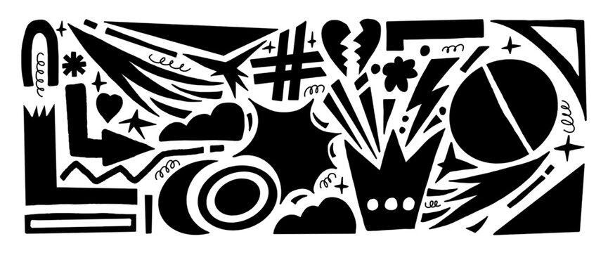 Abstract geometric silhouettes paper cutouts background. Freeform black doodle figures set. Semicircles, stars, cloud, arrows, heart scribbles stickers. Vector graphic trinket illustration isolated.