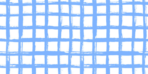 Plaid pattern baby line seamless pattern. Repeated white background with blue gingham decor brush stroke for picnic. Wave tablecloth checker doodle print seamless pattern. Navy summer surface design.