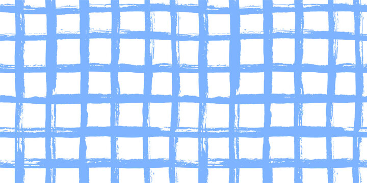 Plaid pattern baby line seamless pattern. Repeated white background with blue gingham decor brush stroke for picnic. Wave tablecloth checker doodle print seamless pattern. Navy summer surface design.