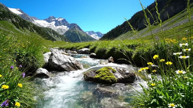 Scenic alpine river flowing through lush meadows with wildflowers and majestic mountain views on a bright sunny day