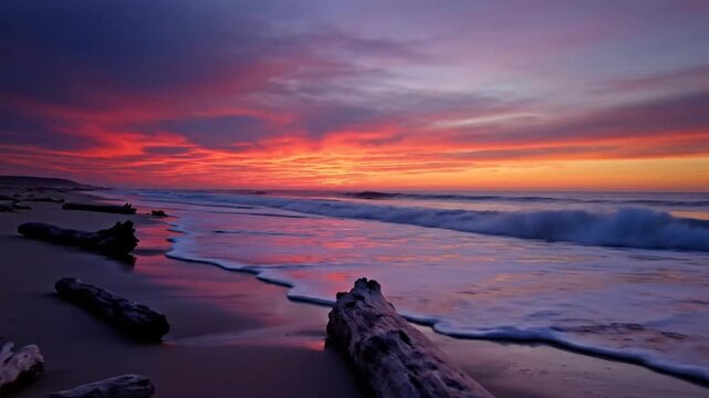 Stunning sunset over the ocean with vibrant colors reflecting on the wet sandy beach with driftwood.