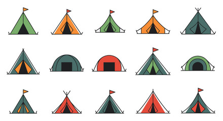 Flat Vector Camping Tent Icon Set: 15 Colorful Shelter Symbols for Outdoor Travel, Summer Camp, Hiking, and Wilderness Adventure Recreation © Nadia