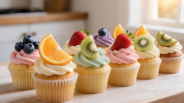 Assorted cupcakes topped with cream frosting and fresh fruits like strawberry, kiwi, orange and blueberries on a wooden table. Sweet dessert food with bright festive presentation.