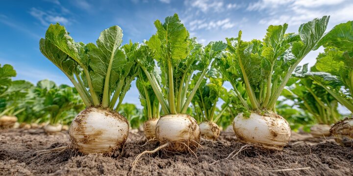 Sugar beets growing in the ground, against a blue sky. Green leaves vegetables and large white roots go into rich soil. Field of sugar beet plants, grow in rows. Crop development, farming efficiency