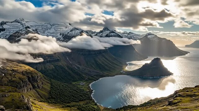 Epic landscape view of the fjord and mountains with sunbeams piercing through clouds over a serene seascape