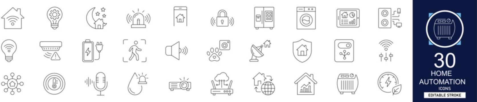 Home automation line icon set with 30 icons smart home, IoT, remote control, security, lighting, energy, sensor, wifi. Clean linear vector, editable stroke for modern tech projects.