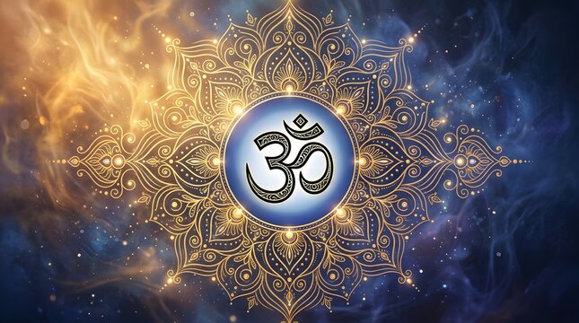 Intricate Mandala with Om Symbol in Cosmic Background