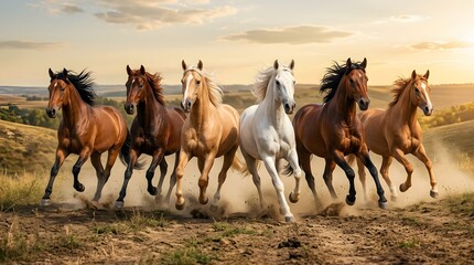 Fototapeta premium Wild horses running freely across a sunlit grassy landscape