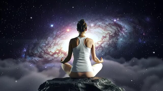 Woman meditating on rock with galaxy backdrop