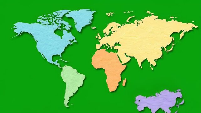 Animated world map assembly, piece by piece, organic paper cut, muted texture, 2560x1440