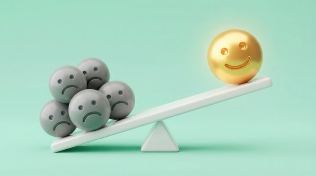 Positivity over negativity concept, 3D render of happy and sad faces on a seesaw