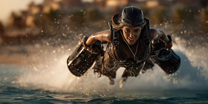 Highly talented woman exhibits strength and agility suspended over water at sunset
