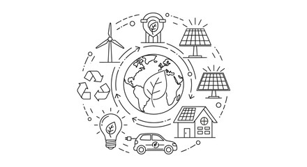 Naklejka premium Eco friendly icons, sustainable living symbols, green energy illustrations, environmental conservation graphics