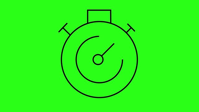 A simple black line drawing of a stopwatch on green background