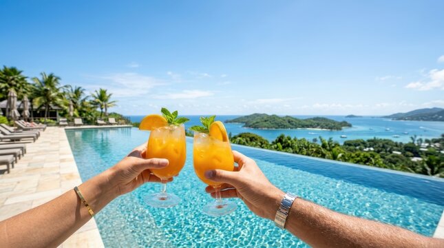 Couple toasting with cocktails by infinity pool overlooking tropical ocean view