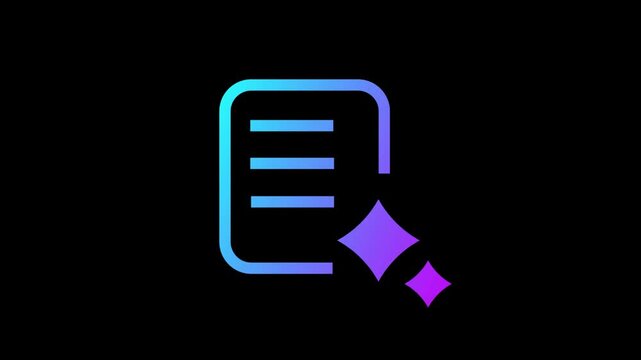 A blue and purple gradient icon of a document with sparkles on a black background