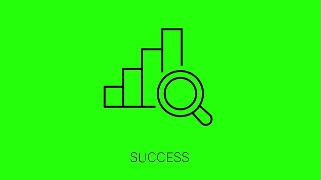A black line icon of a magnifying glass over a bar graph on a green background with the word success