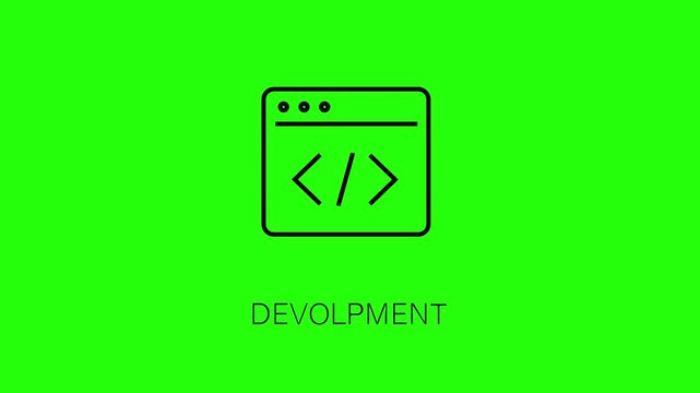 A simple black coding icon on a bright green background with devolpment text