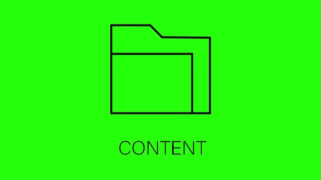 A black line drawing of a file folder on a bright green background with content text