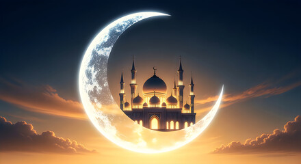 Obraz premium Serene crescent moon framing an illuminated mosque at dusk