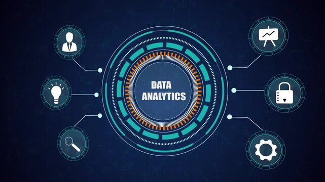 Data analytics technology background with digital information interface, futuristic business research icons, secure network and global system.