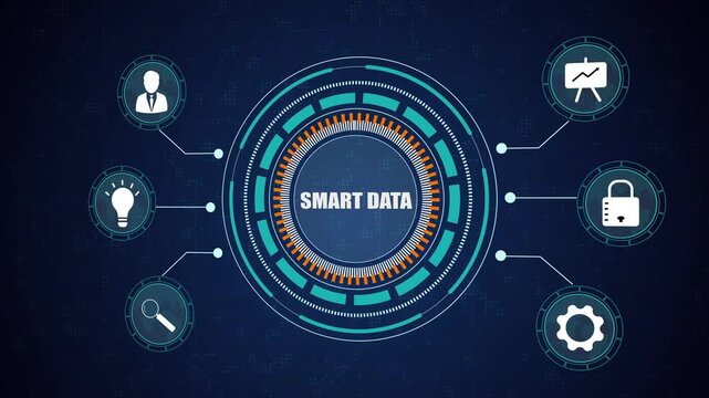 Smart data technology background with digital analytics interface, futuristic information processing icons, secure network and business intelligence.