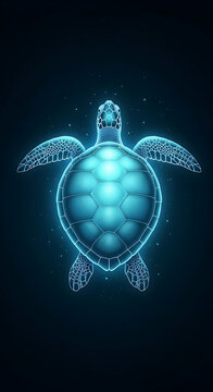 Glowing blue turtle swims through dark water with neon effect vy