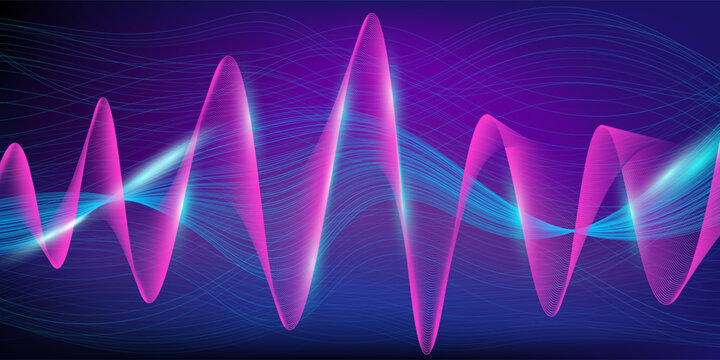 Digital equalizer sound wave vector illustration. Music neon light background. Illuminated digital wave of glowing particles. HUD element technology concept. Dynamic light flow with neon light effect.