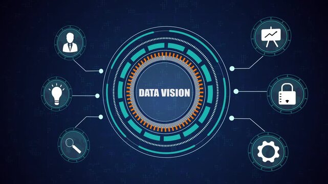 Data vision technology background with digital analytics interface, futuristic information processing icons, secure network and business strategy.
