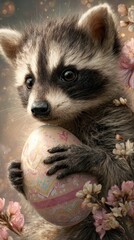 Obraz premium Whimsical spring time: raccoon with colorful egg. Performance metrics. Raccoon cub cradles bright egg in pastel easter setting. Financial report. Financial planning.